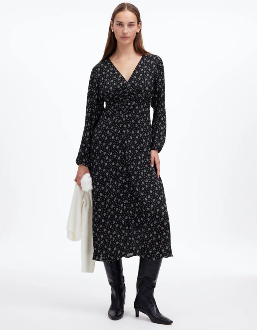 Madewell Ruched Midi Dress SZ 6 Black White Print V-Neck Long Sleeve Seersucker